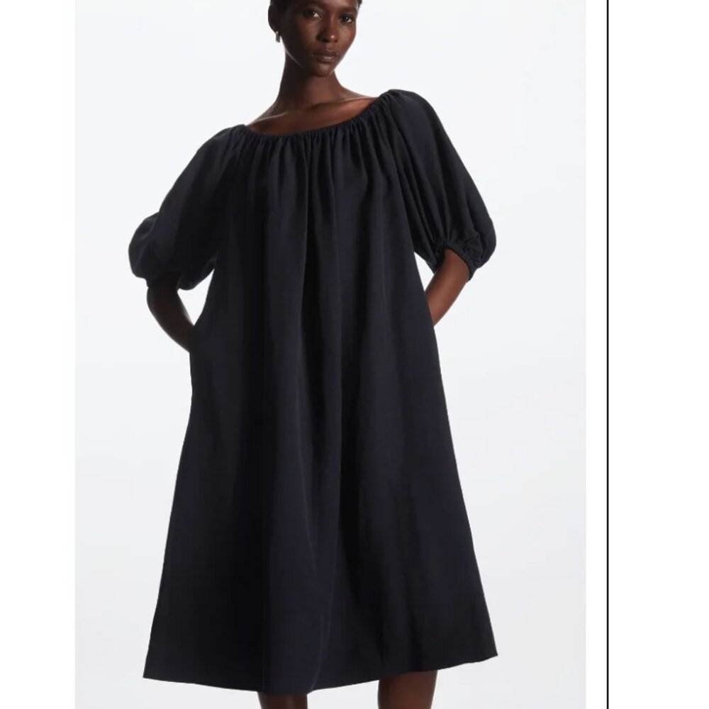 COS off-the-shoulder puff-sleeve midi dress - size 8